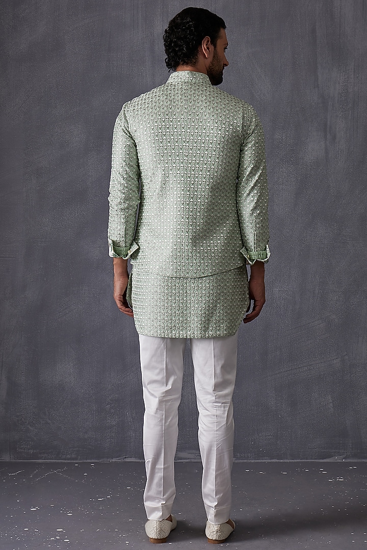 Sage Green Chanderi Silk Bundi Jacket Set by ARJAN DUGAL at Pernia's Pop Up Shop