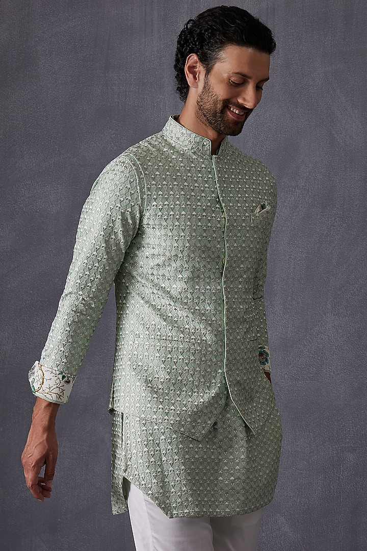 Sage Green Chanderi Silk Bundi Jacket Set by ARJAN DUGAL at Pernia's Pop Up Shop