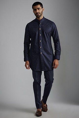 Navy Blue Chanderi Silk Kurta Set by ARJAN DUGAL