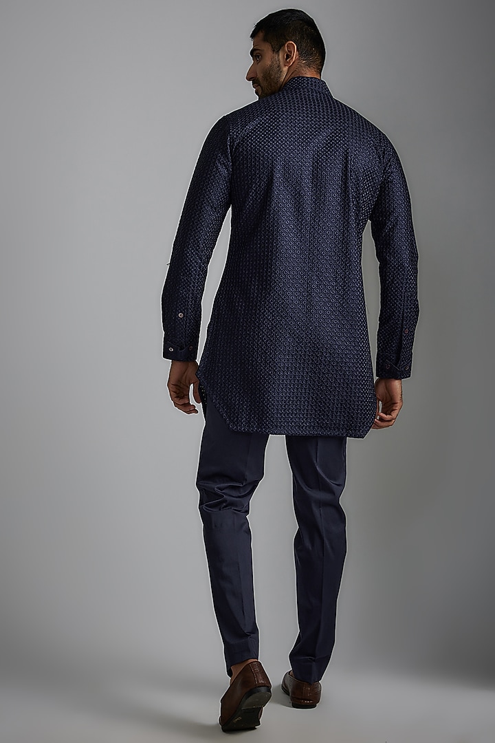 Navy Blue Chanderi Silk Kurta Set by ARJAN DUGAL at Pernia's Pop Up Shop