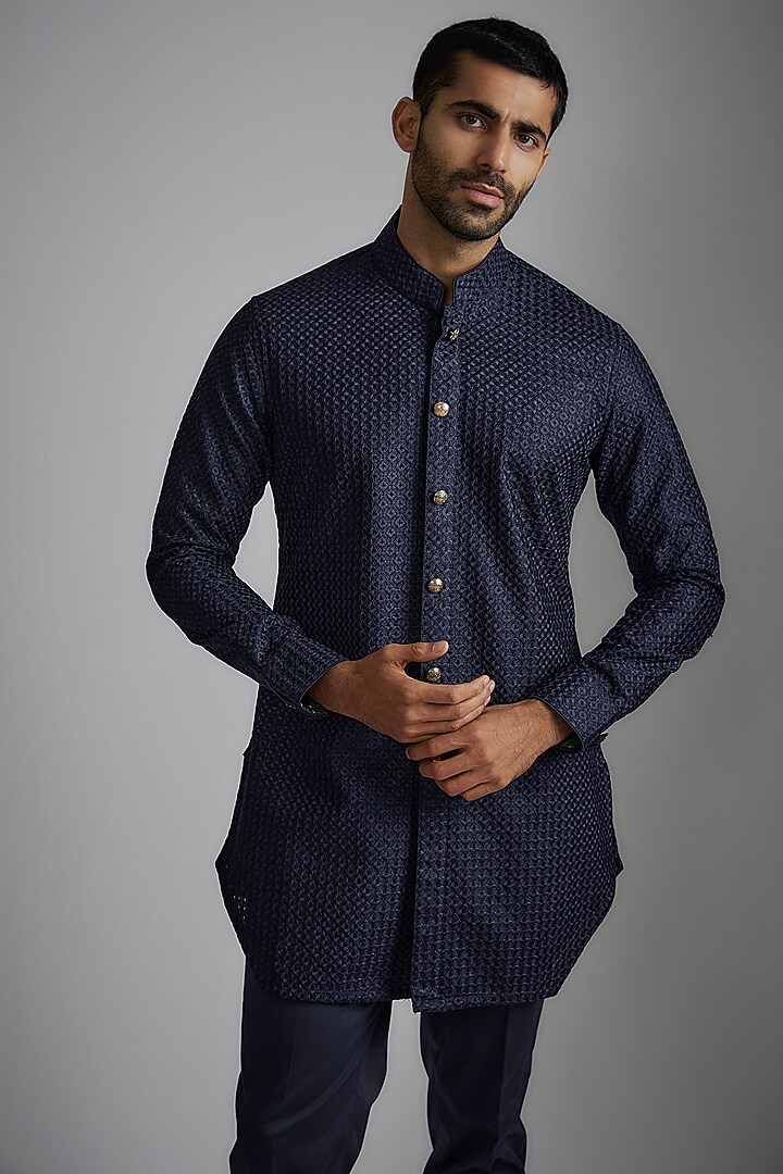 Navy Blue Chanderi Silk Kurta Set by ARJAN DUGAL at Pernia's Pop Up Shop
