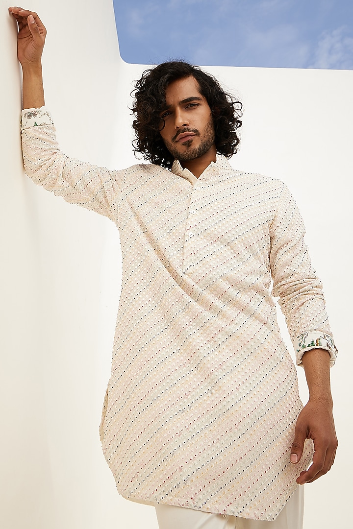 Ivory Silk Georgette Hand Embroidered Kurta Set by ARJAN DUGAL at Pernia's Pop Up Shop