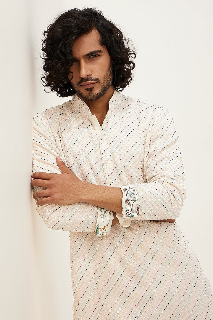 Ivory Silk Georgette Hand Embroidered Kurta Set by ARJAN DUGAL at Pernia's Pop Up Shop