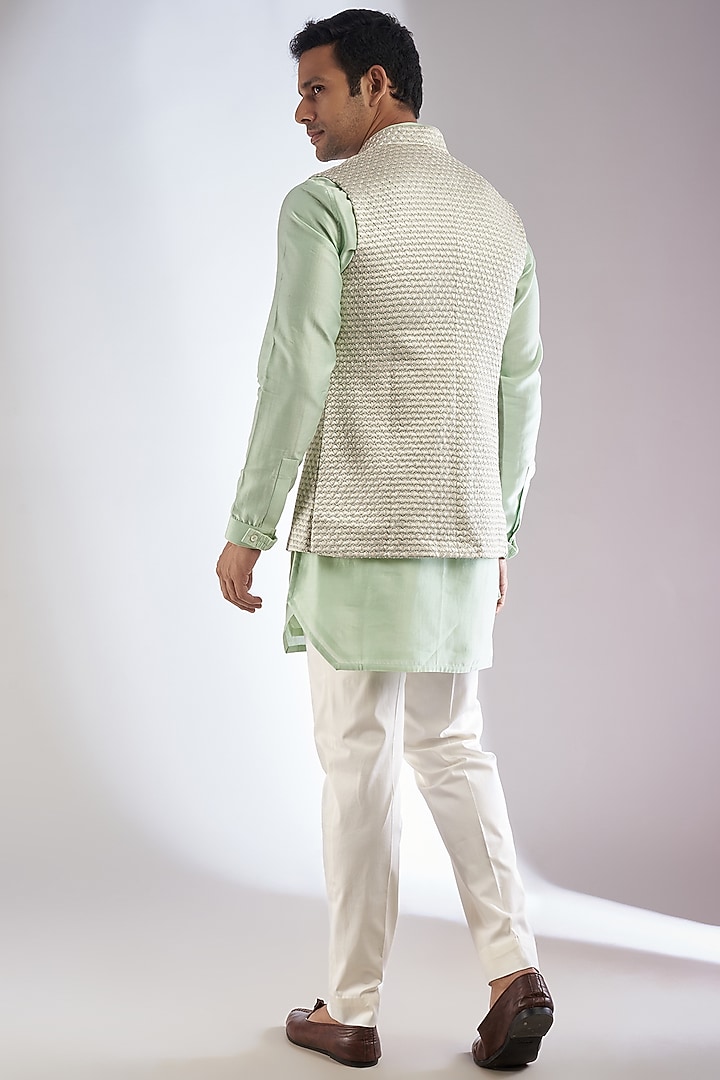 Sage Green Chanderi Silk Hand Embroidered Nehru Jacket Set by ARJAN DUGAL at Pernia's Pop Up Shop