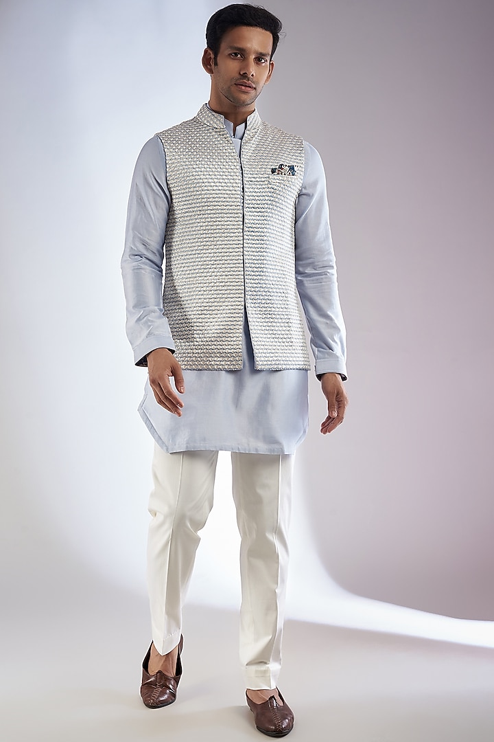 Sky Blue Chanderi Silk Hand Embroidered Nehru Jacket Set by ARJAN DUGAL