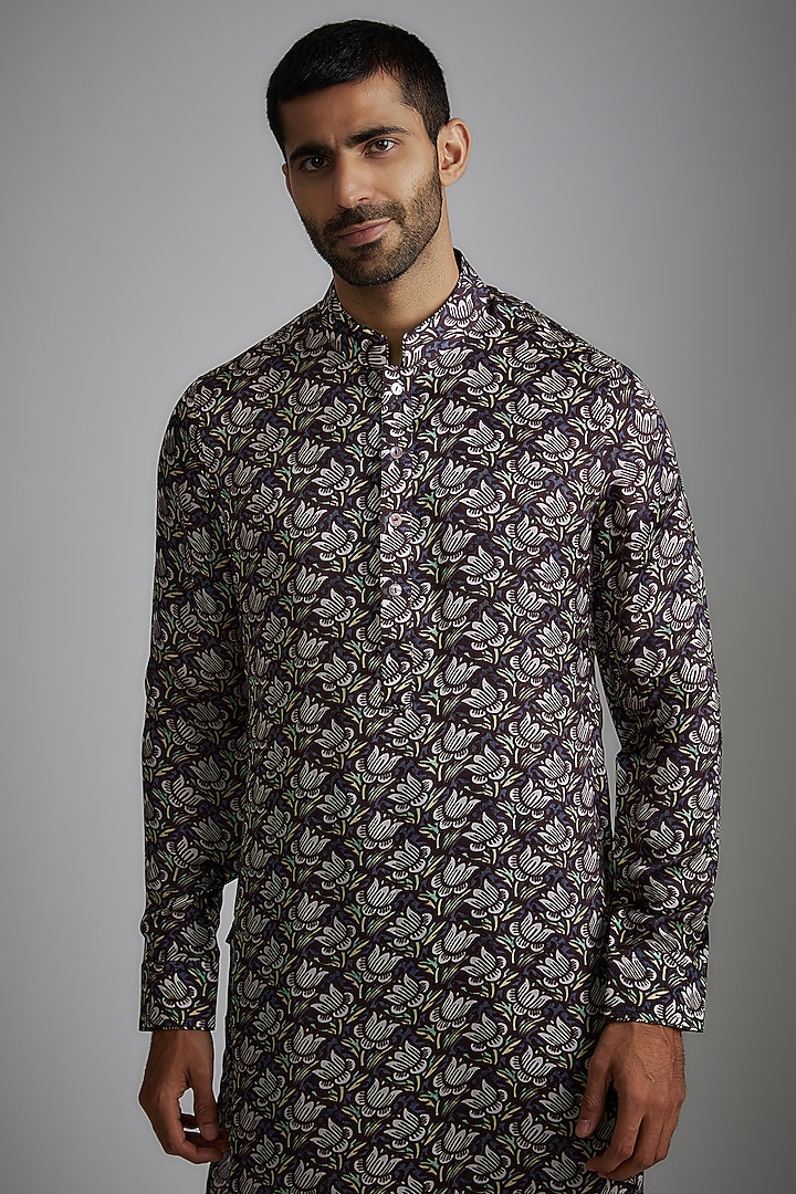Navy Blue Modal Printed Kurta Set by ARJAN DUGAL at Pernia's Pop Up Shop
