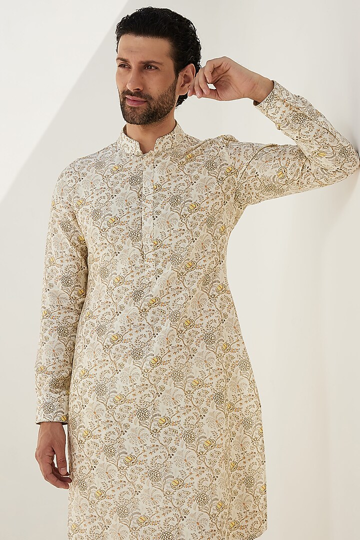 Cream Chanderi Silk Printed Kurta Set by ARJAN DUGAL at Pernia's Pop Up Shop