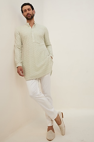 Sea Green Silk Georgette Hand Embroidered Kurta Set by ARJAN DUGAL
