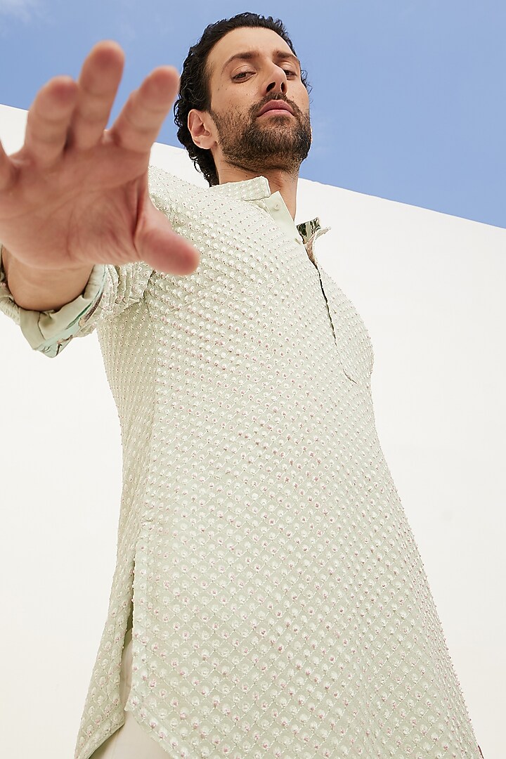 Sea Green Silk Georgette Hand Embroidered Kurta Set by ARJAN DUGAL at Pernia's Pop Up Shop