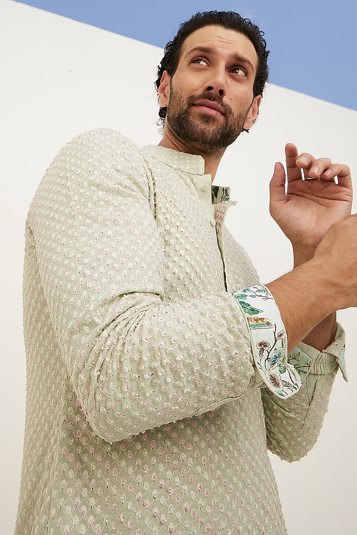 Sea Green Silk Georgette Hand Embroidered Kurta Set by ARJAN DUGAL at Pernia's Pop Up Shop