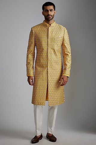 Mustard Chanderi Silk Embroidered Sherwani Set by ARJAN DUGAL