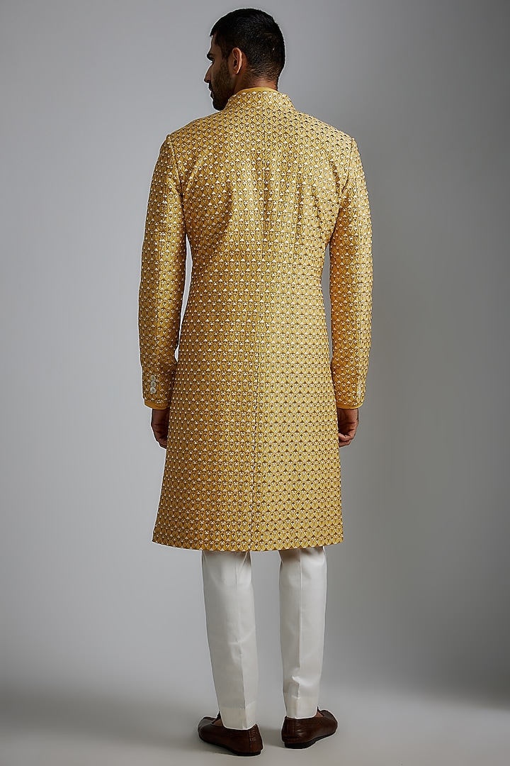 Mustard Chanderi Silk Embroidered Groom Sherwani Set by ARJAN DUGAL at Pernia's Pop Up Shop