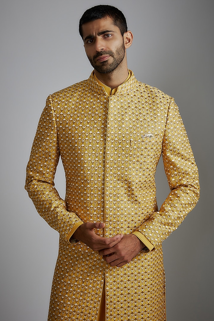 Mustard Chanderi Silk Embroidered Groom Sherwani Set by ARJAN DUGAL at Pernia's Pop Up Shop