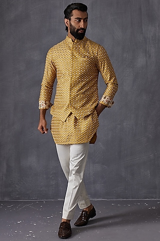 Mustard Chanderi Silk Bundi Jacket Set by ARJAN DUGAL