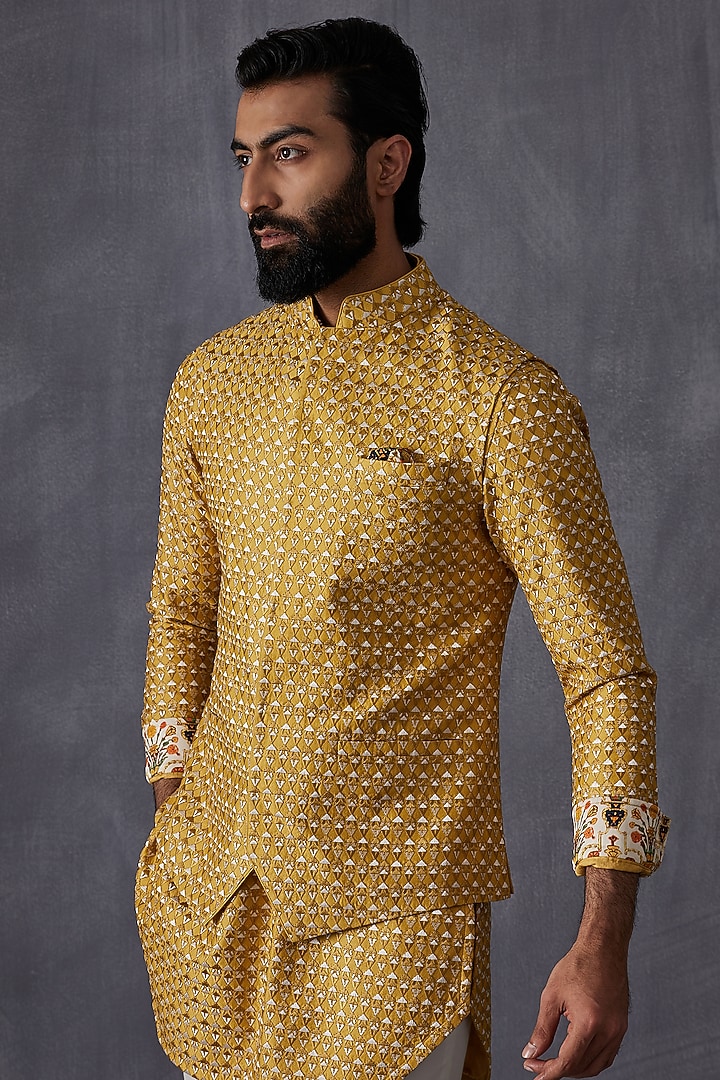 Mustard Chanderi Silk Bundi Jacket Set by ARJAN DUGAL at Pernia's Pop Up Shop
