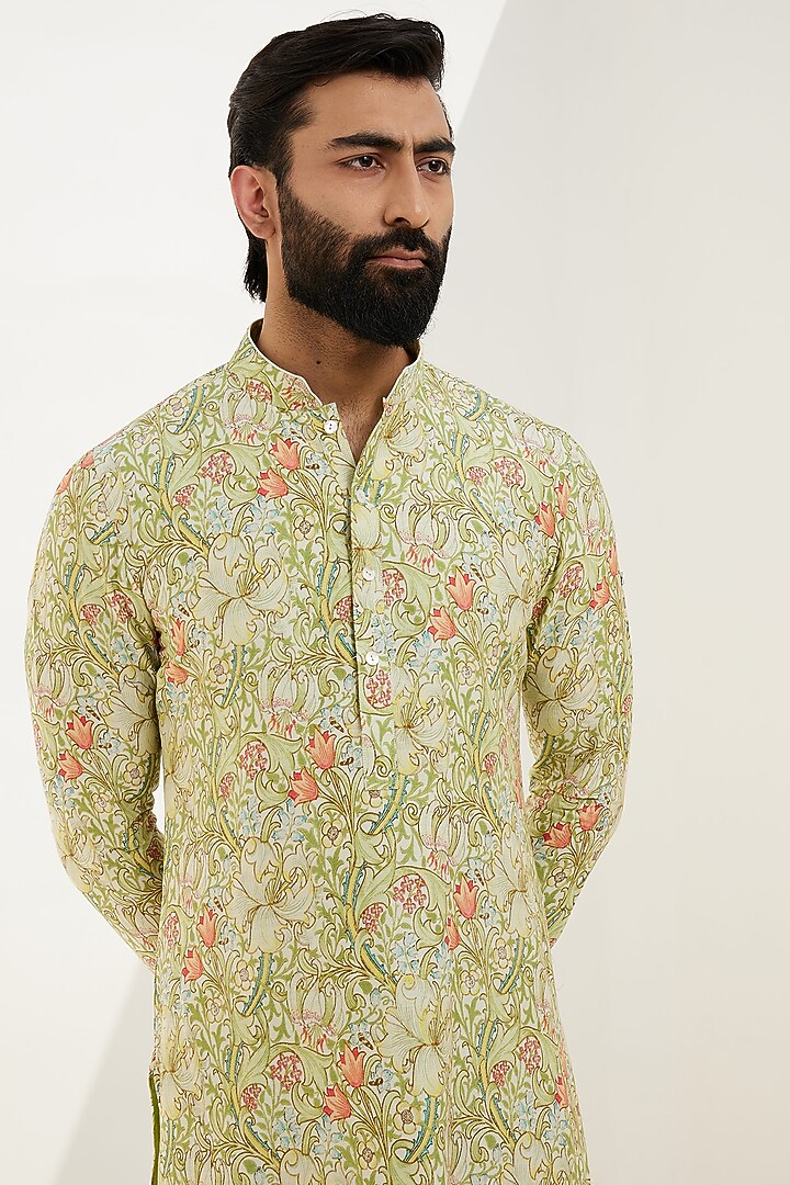 Forest Green Chanderi Silk Printed Kurta Set by ARJAN DUGAL at Pernia's Pop Up Shop