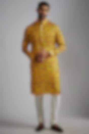 Yellow Modal Printed Kurta Set by ARJAN DUGAL