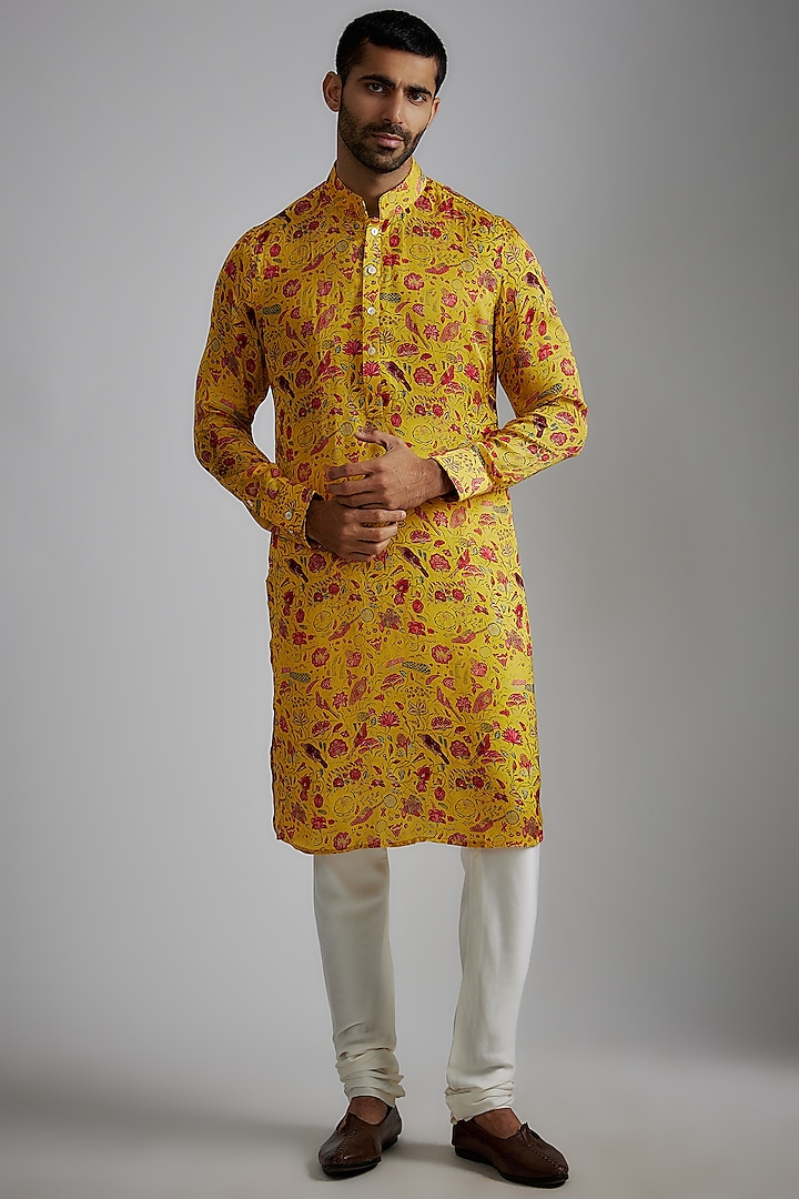 Yellow Modal Printed Kurta Set by ARJAN DUGAL