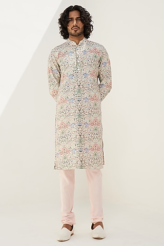 Powder Pink Chanderi Silk Printed Kurta Set by ARJAN DUGAL
