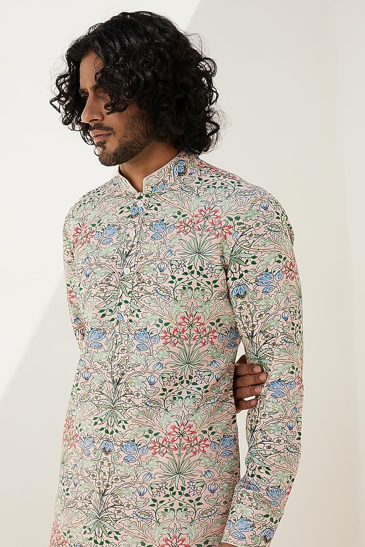 Powder Pink Chanderi Silk Printed Kurta Set by ARJAN DUGAL at Pernia's Pop Up Shop