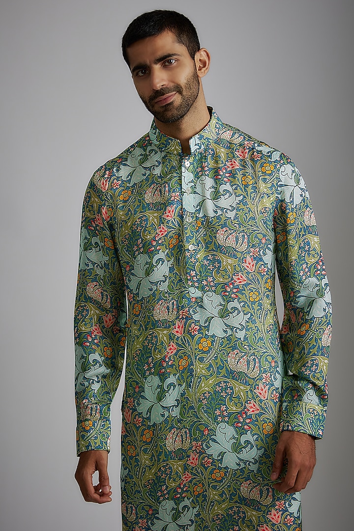 Teal Blue Colored Modal Printed Kurta Set by ARJAN DUGAL at Pernia's Pop Up Shop