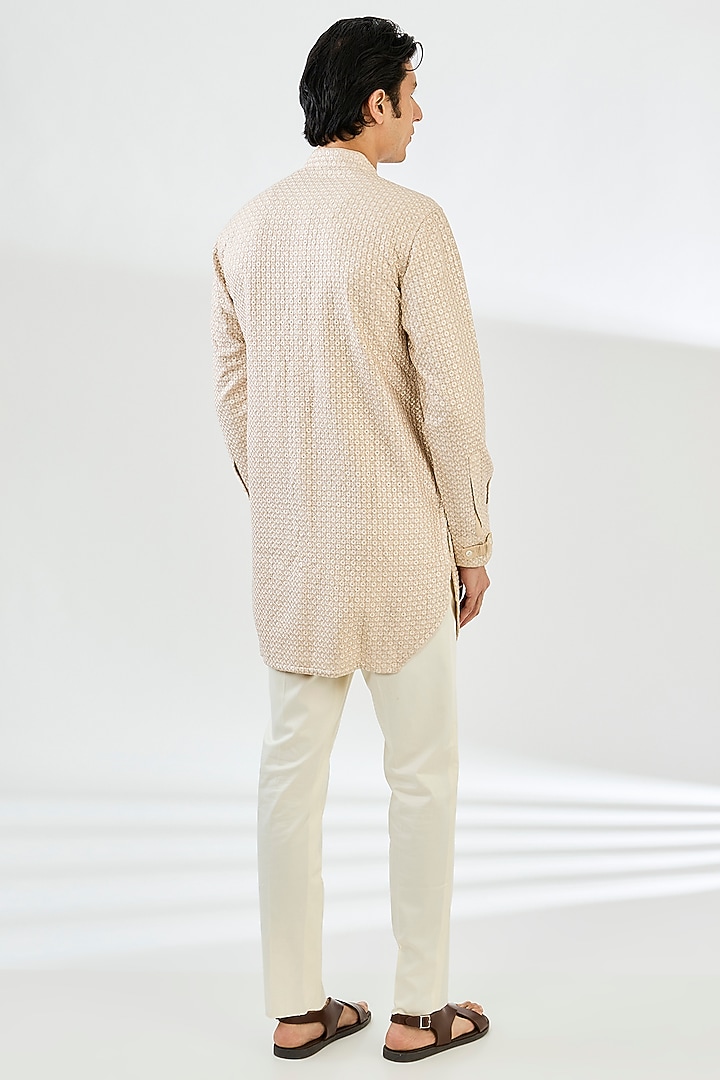 Champagne Chanderi Silk Embroidered Kurta Set by ARJAN DUGAL at Pernia's Pop Up Shop