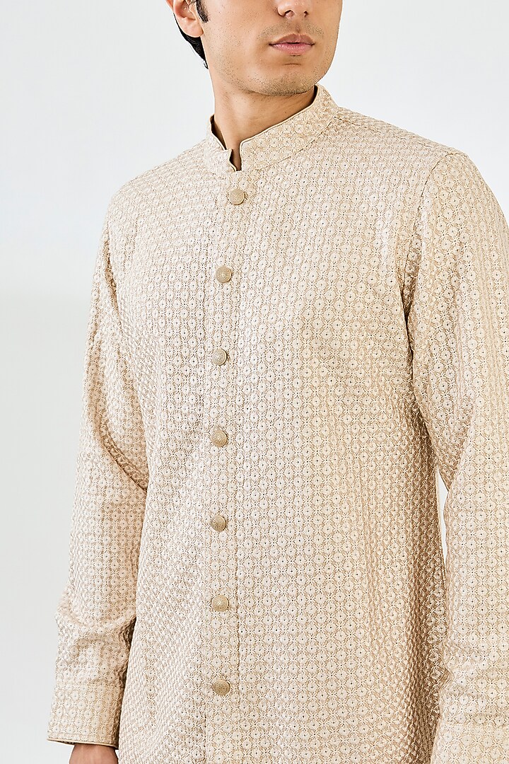 Champagne Chanderi Silk Embroidered Kurta Set by ARJAN DUGAL at Pernia's Pop Up Shop