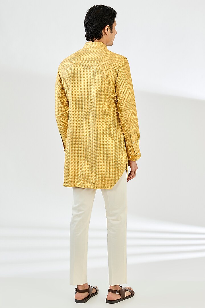 Golden Chanderi Silk Embroidered Kurta Set by ARJAN DUGAL at Pernia's Pop Up Shop