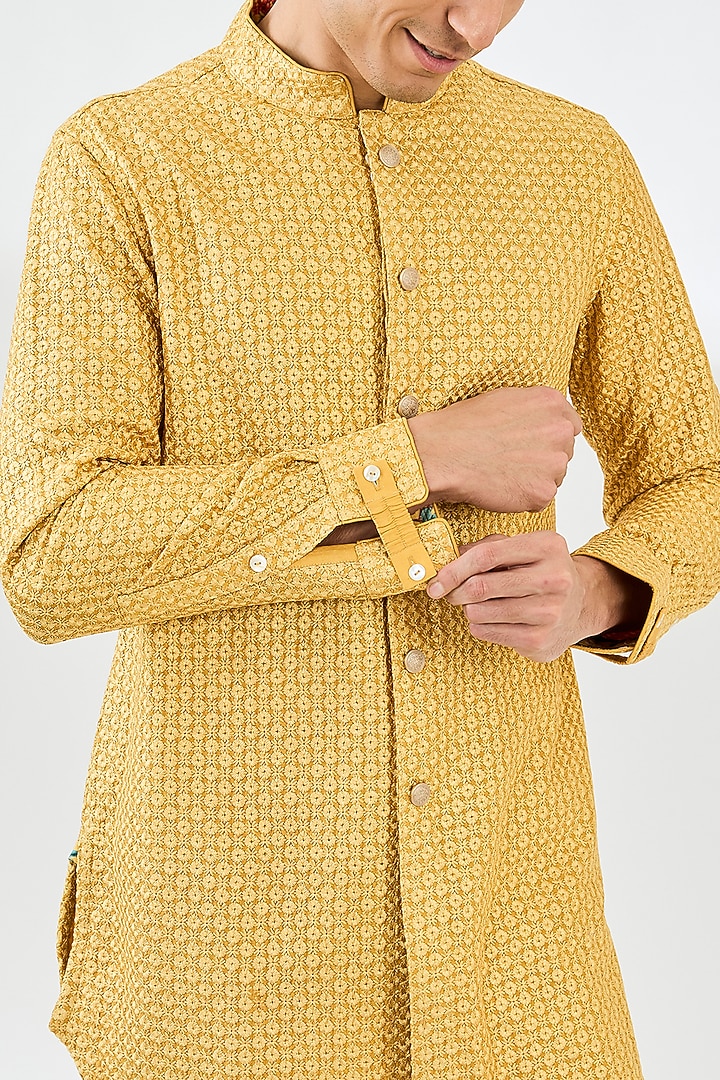 Golden Chanderi Silk Embroidered Kurta Set by ARJAN DUGAL at Pernia's Pop Up Shop