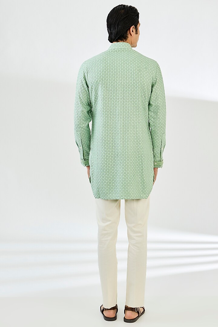 Sage Green Chanderi Silk Embroidered Kurta Set by ARJAN DUGAL at Pernia's Pop Up Shop