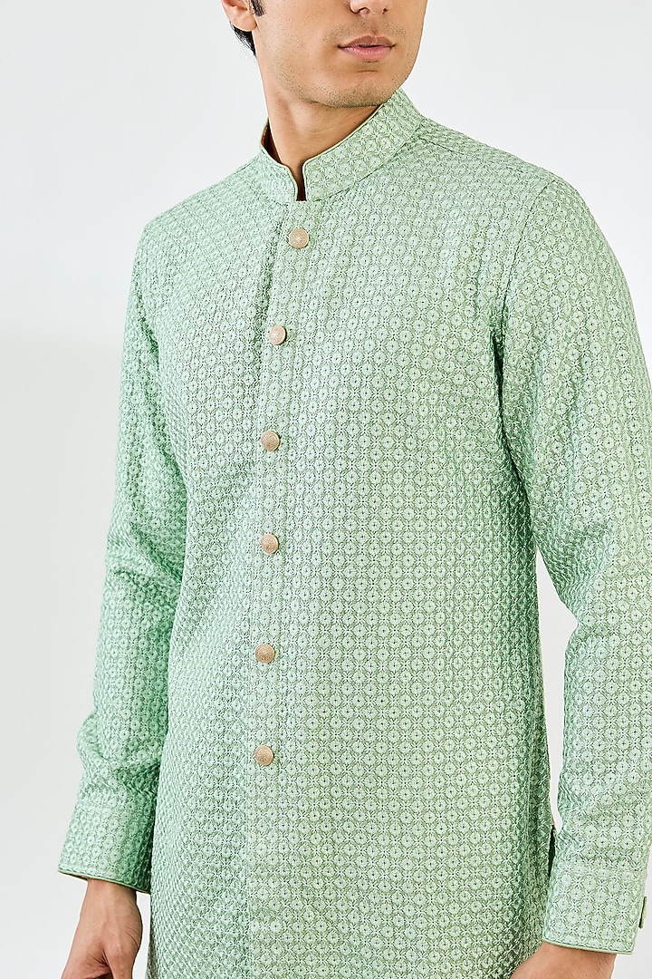 Sage Green Chanderi Silk Embroidered Kurta Set by ARJAN DUGAL at Pernia's Pop Up Shop