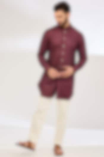 Burgundy Chanderi Silk & Cotton Satin Lycra Embroidered Kurta Set by ARJAN DUGAL