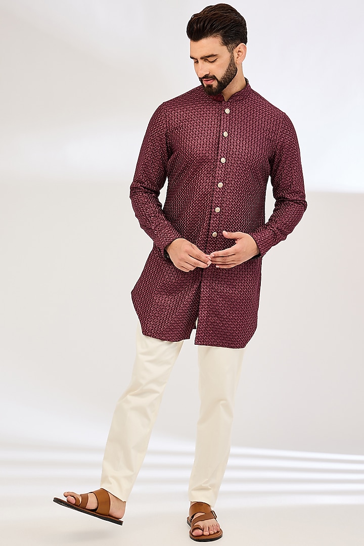 Burgundy Chanderi Silk & Cotton Satin Lycra Embroidered Kurta Set by ARJAN DUGAL