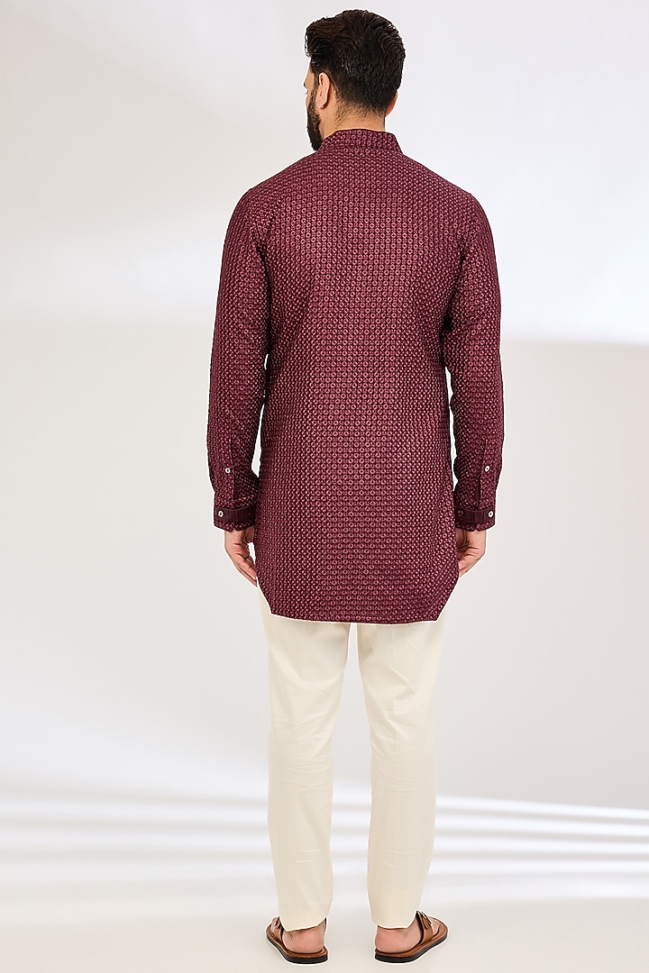 Burgundy Chanderi Silk & Cotton Satin Lycra Embroidered Kurta Set by ARJAN DUGAL at Pernia's Pop Up Shop