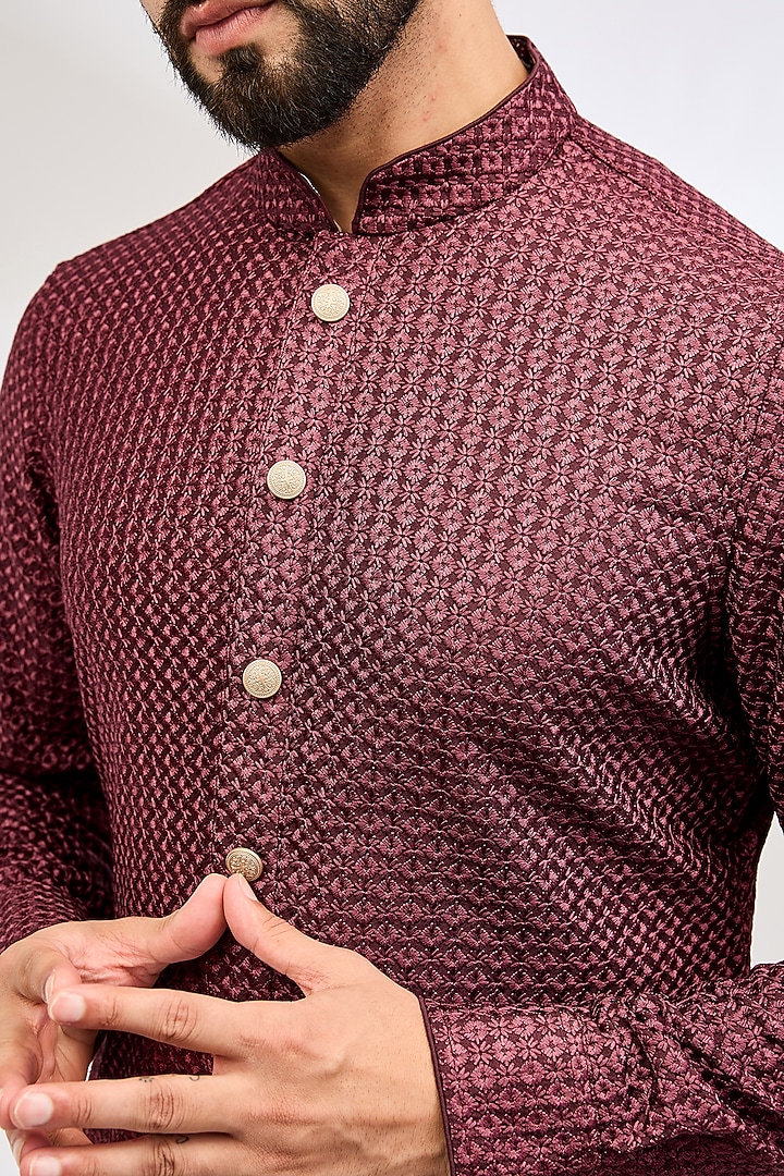 Burgundy Chanderi Silk & Cotton Satin Lycra Embroidered Kurta Set by ARJAN DUGAL at Pernia's Pop Up Shop
