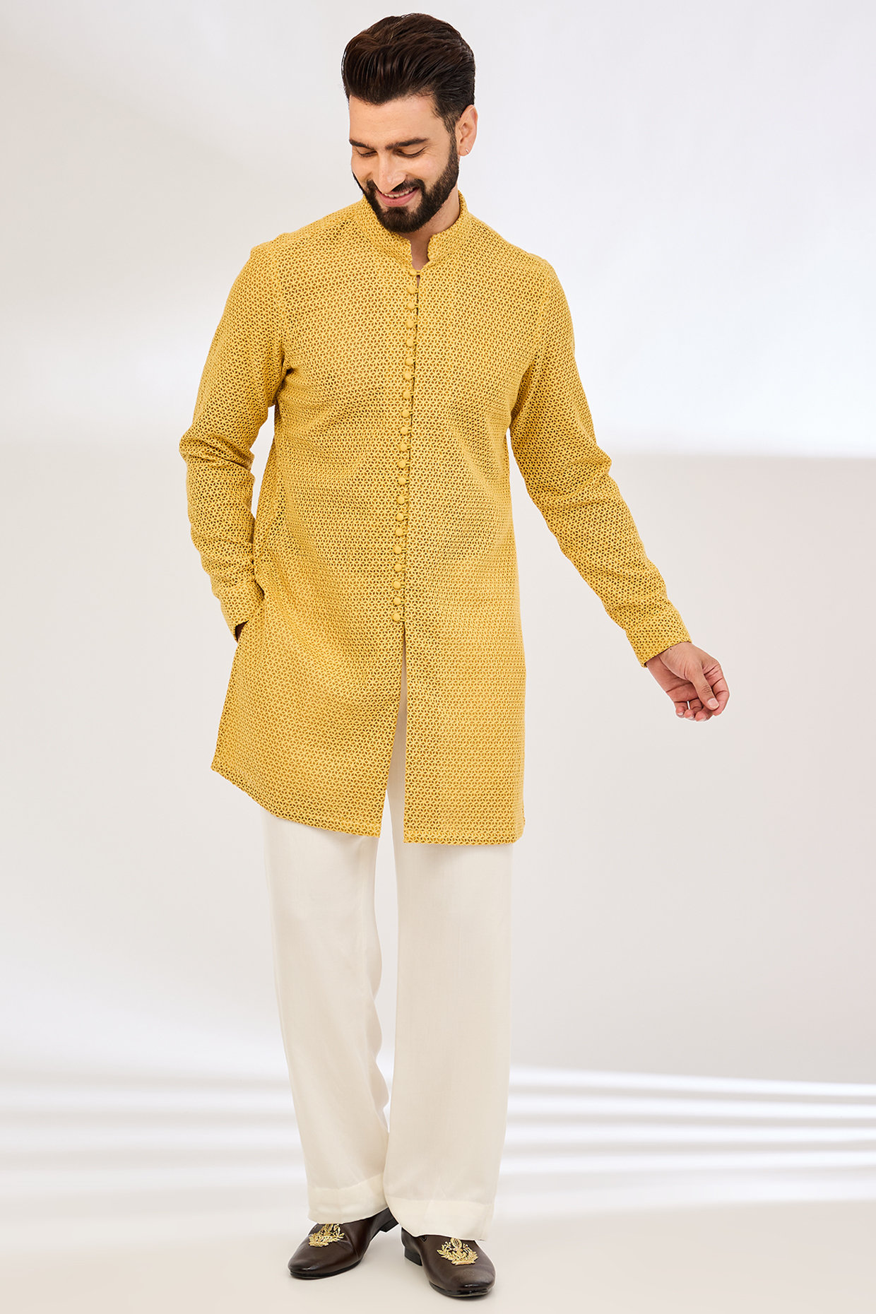Golden Chanderi Silk & Cotton Satin Lycra Embroidered Kurta Set by ARJAN DUGAL at Pernia's Pop Up Shop