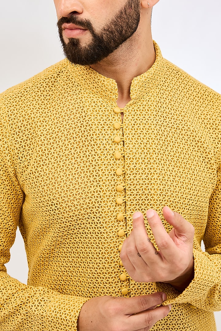 Golden Chanderi Silk & Cotton Satin Lycra Embroidered Kurta Set by ARJAN DUGAL at Pernia's Pop Up Shop