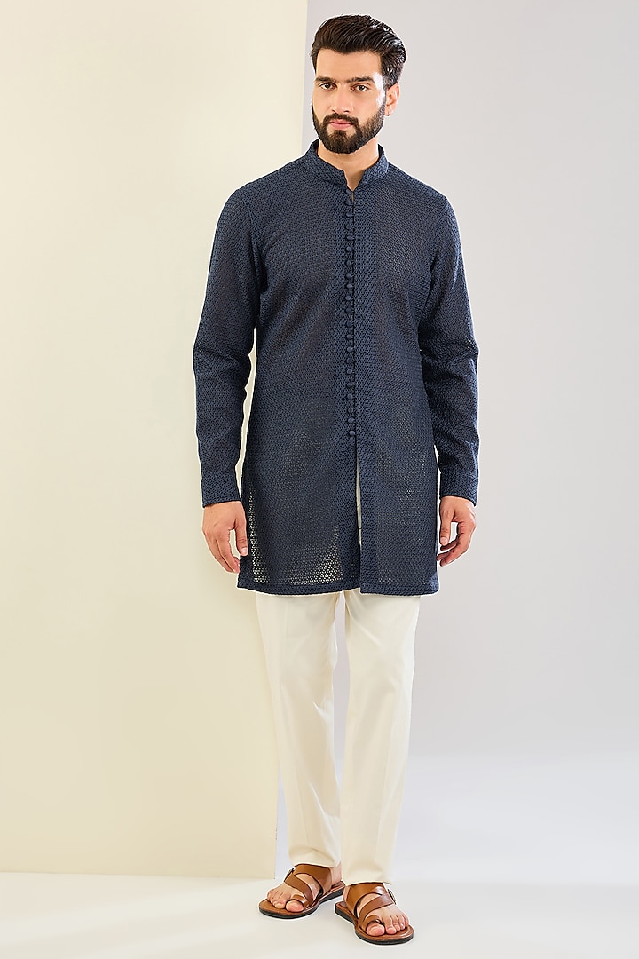 Navy Blue Chanderi Silk & Inara Viscose Printed Kurta Set by ARJAN DUGAL at Pernia's Pop Up Shop