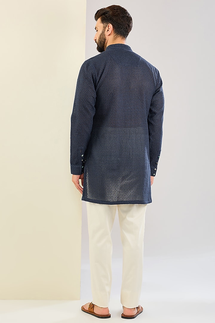 Navy Blue Chanderi Silk & Inara Viscose Printed Kurta Set by ARJAN DUGAL at Pernia's Pop Up Shop