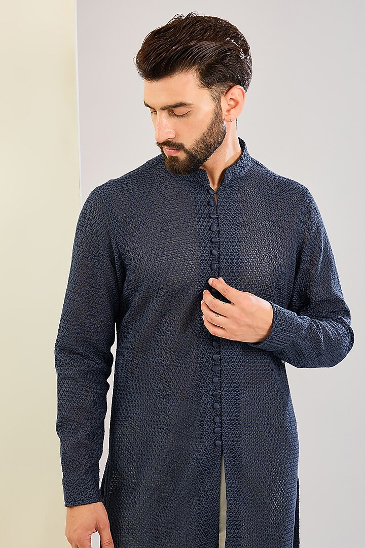 Navy Blue Chanderi Silk & Inara Viscose Printed Kurta Set by ARJAN DUGAL at Pernia's Pop Up Shop