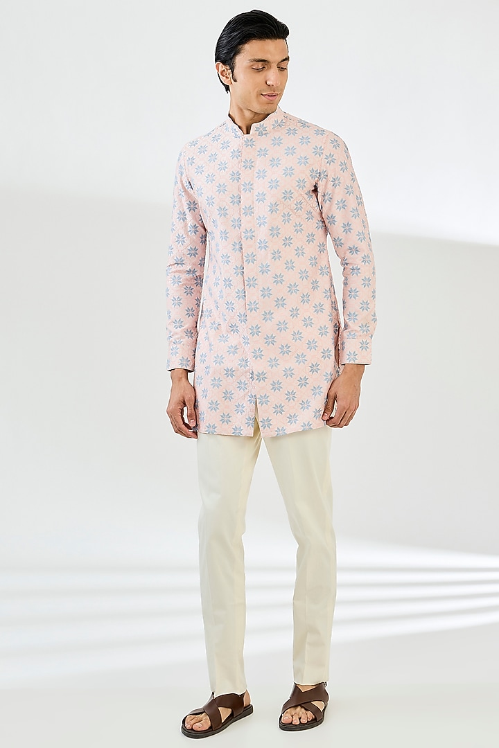 Powder Pink Chanderi Silk Printed Kurta Set by ARJAN DUGAL at Pernia's Pop Up Shop