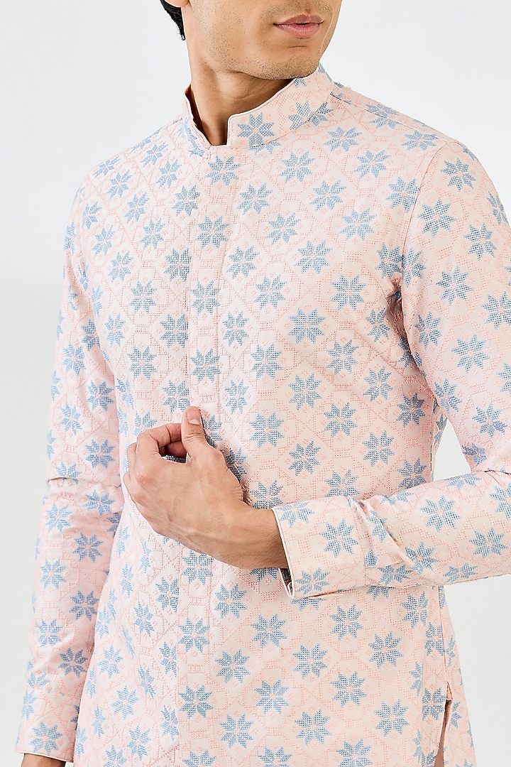 Powder Pink Chanderi Silk Printed Kurta Set by ARJAN DUGAL at Pernia's Pop Up Shop
