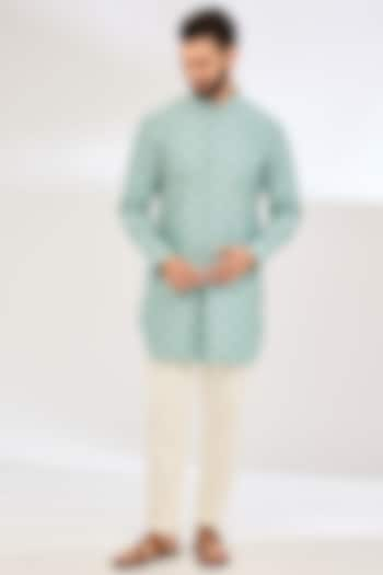 Dull Turquoise Chanderi Silk & Cotton Satin Lycra Machine Embroidered & Printed Kurta Set by ARJAN DUGAL