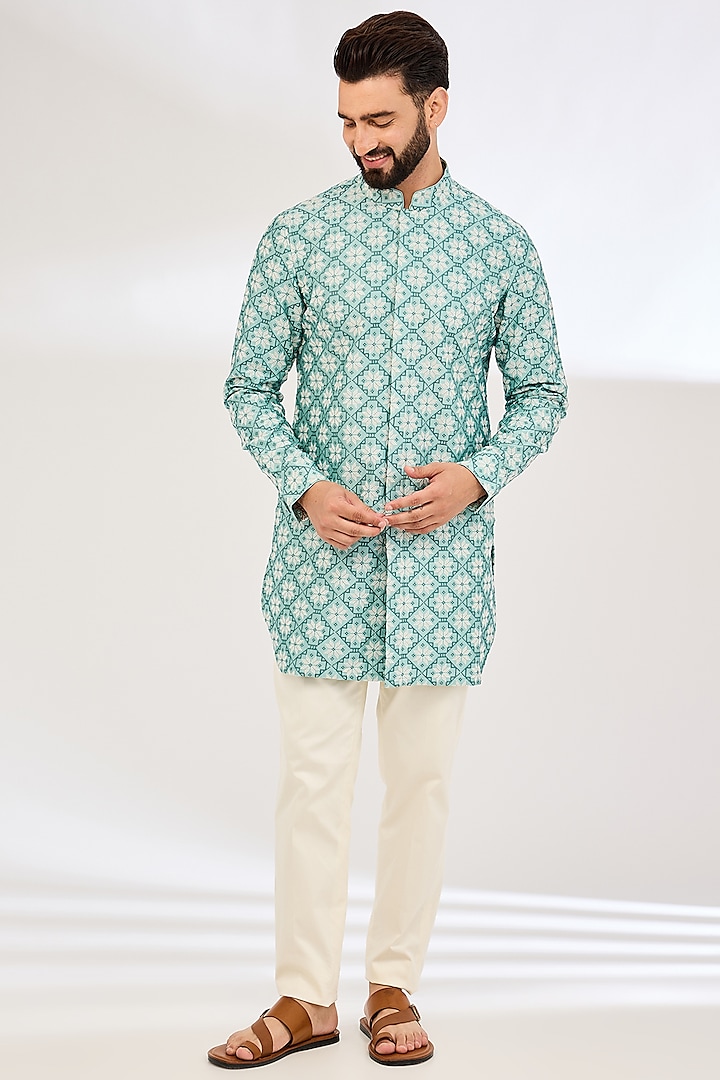 Dull Turquoise Chanderi Silk & Cotton Satin Lycra Machine Embroidered & Printed Kurta Set by ARJAN DUGAL