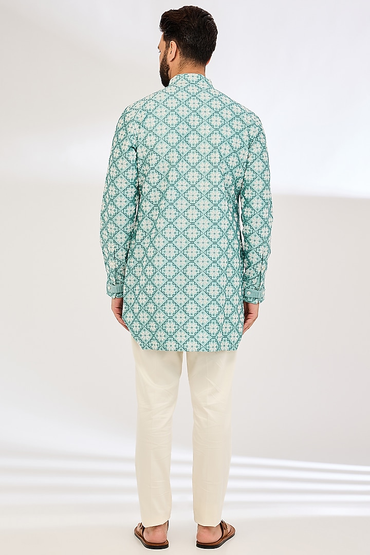 Dull Turquoise Chanderi Silk & Cotton Satin Lycra Machine Embroidered & Printed Kurta Set by ARJAN DUGAL at Pernia's Pop Up Shop