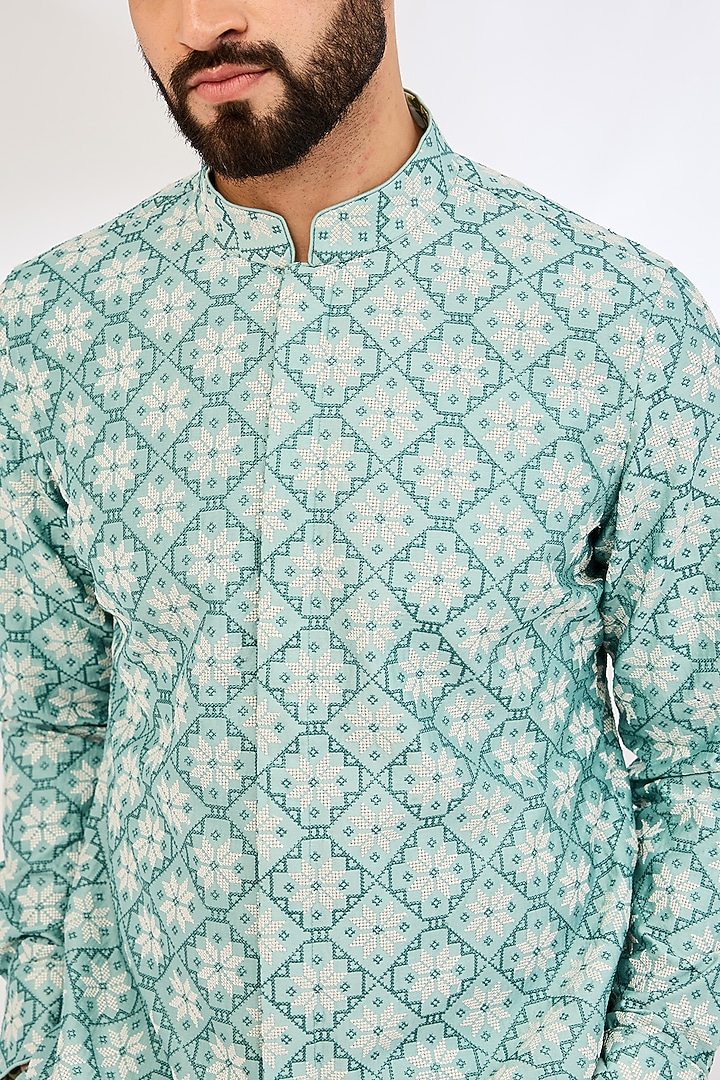 Dull Turquoise Chanderi Silk & Cotton Satin Lycra Machine Embroidered & Printed Kurta Set by ARJAN DUGAL at Pernia's Pop Up Shop
