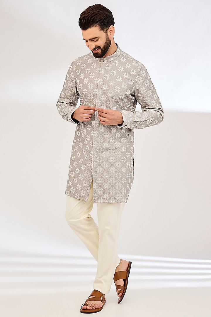 Storm Grey Chanderi Silk & Cotton Satin Lycra Machine Embroidered Kurta Set by ARJAN DUGAL