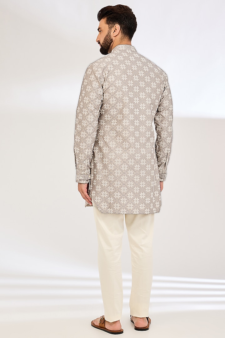 Storm Grey Chanderi Silk & Cotton Satin Lycra Machine Embroidered Kurta Set by ARJAN DUGAL at Pernia's Pop Up Shop