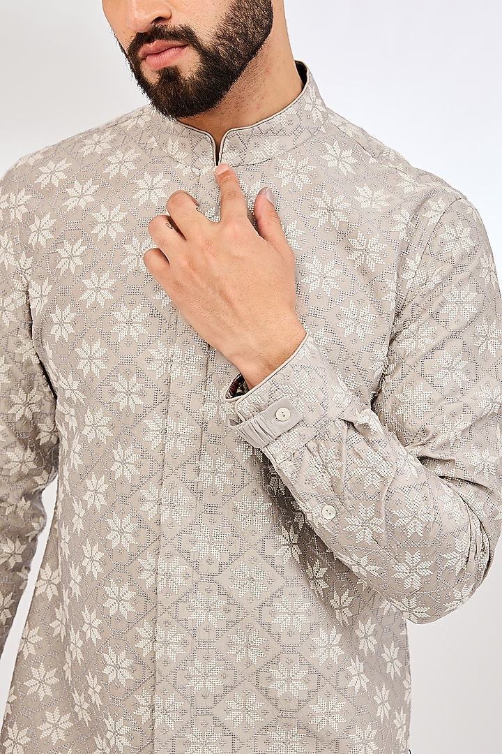 Storm Grey Chanderi Silk & Cotton Satin Lycra Machine Embroidered Kurta Set by ARJAN DUGAL at Pernia's Pop Up Shop