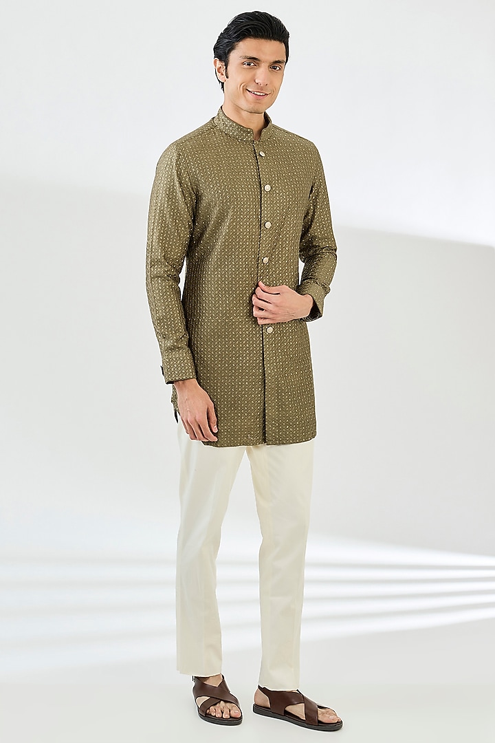 Olive Green Chanderi Silk Motif Pattern Kurta Set by ARJAN DUGAL at Pernia's Pop Up Shop